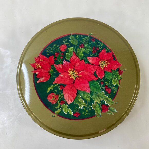 Set Of 3 Vintage Christmas-Themed Metal Tins Festive Poinsettia Polka Dot Design - Picture 3 of 13